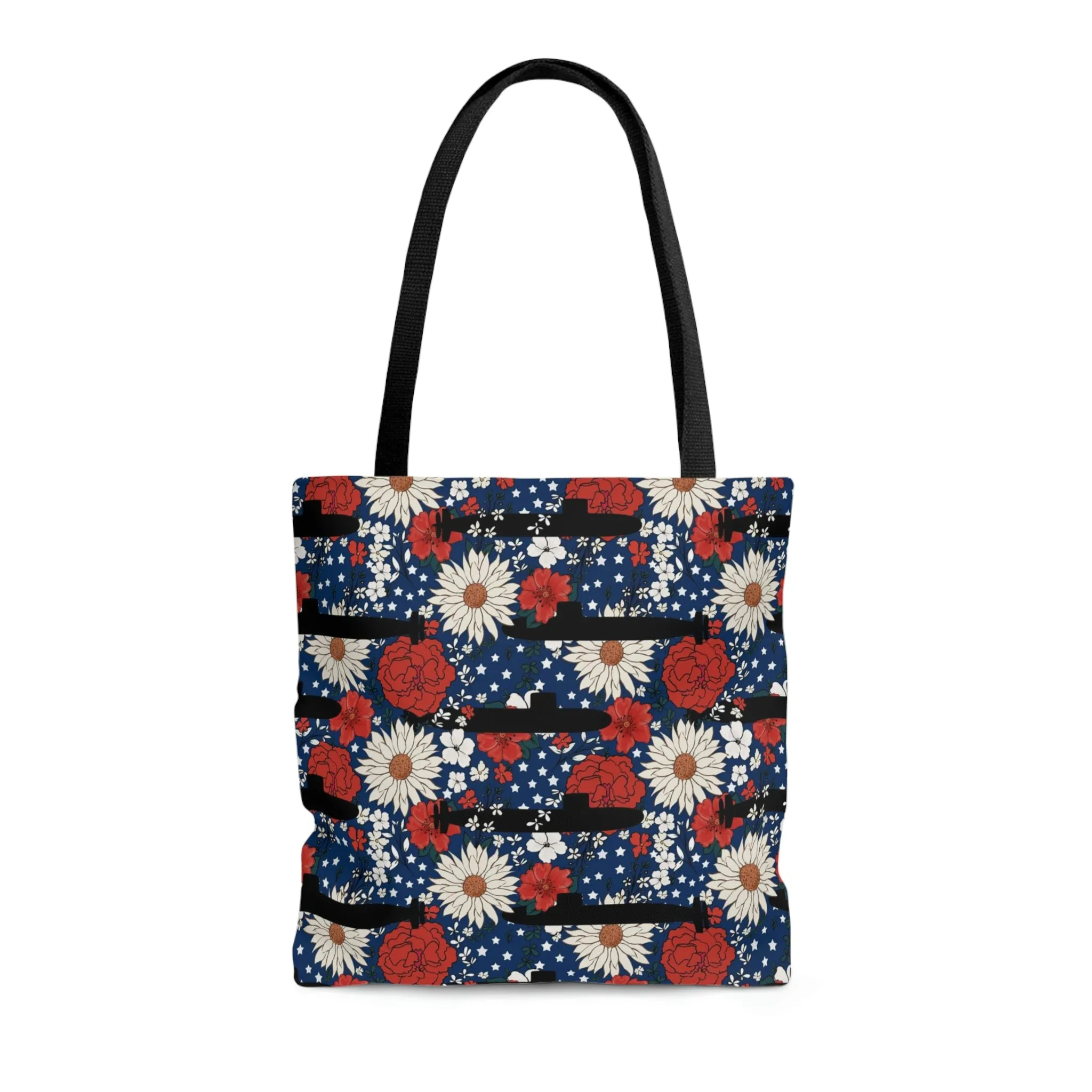 RED WHITE AND BLUE FLORAL SUBMARINE TOTE BAG