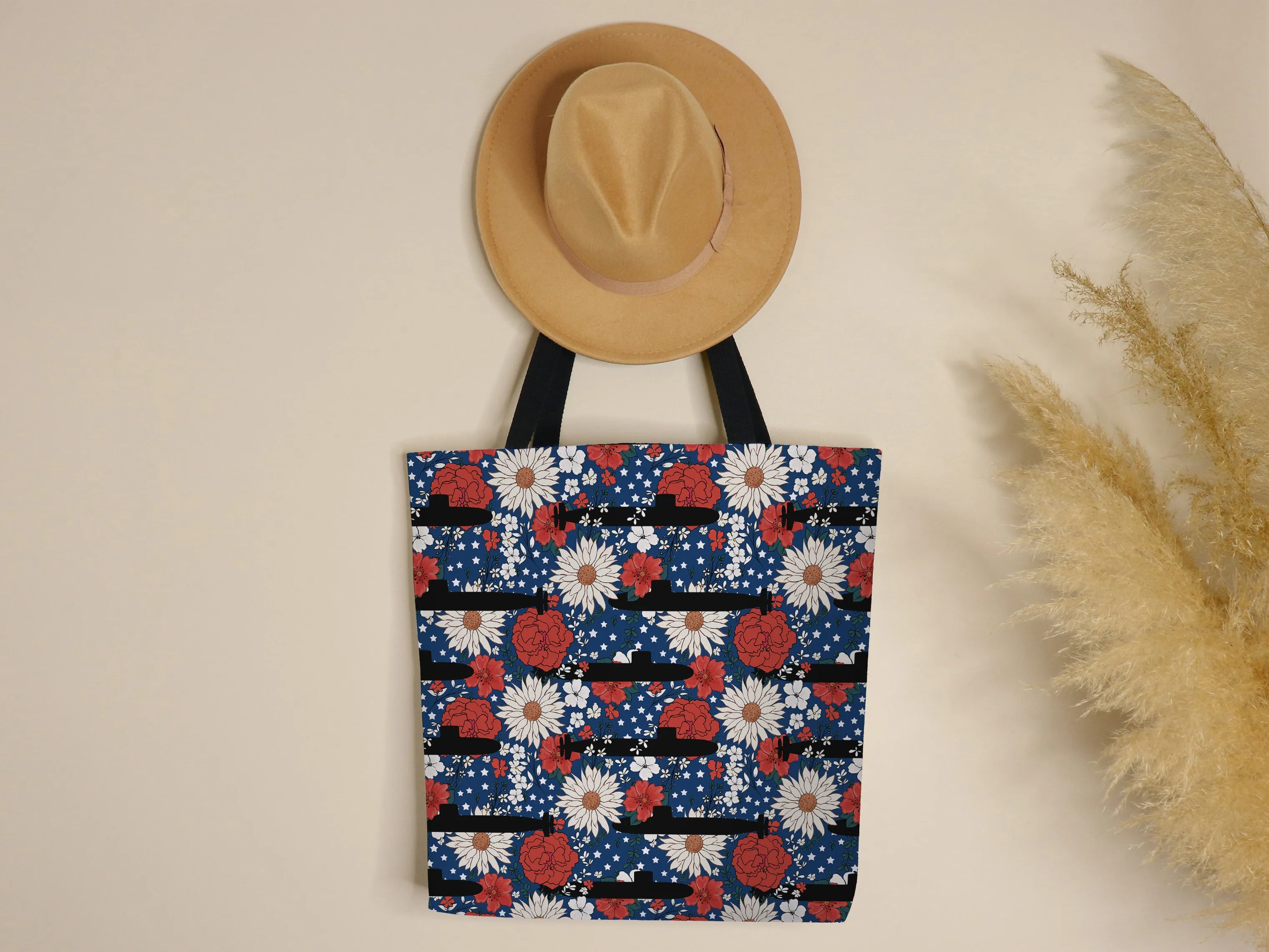 RED WHITE AND BLUE FLORAL SUBMARINE TOTE BAG