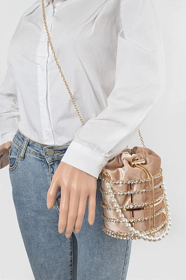 Rhinestone Pearl Tube Bag- Nude