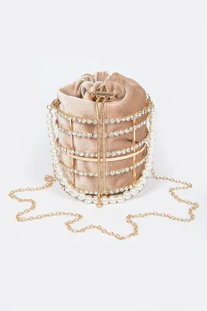 Rhinestone Pearl Tube Bag- Nude