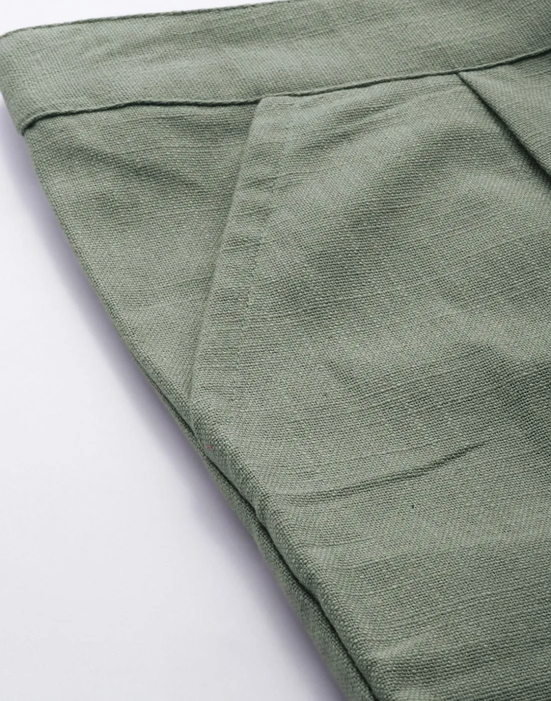 Sage Green Cotton Slub Bottom-Fold Straight Pants