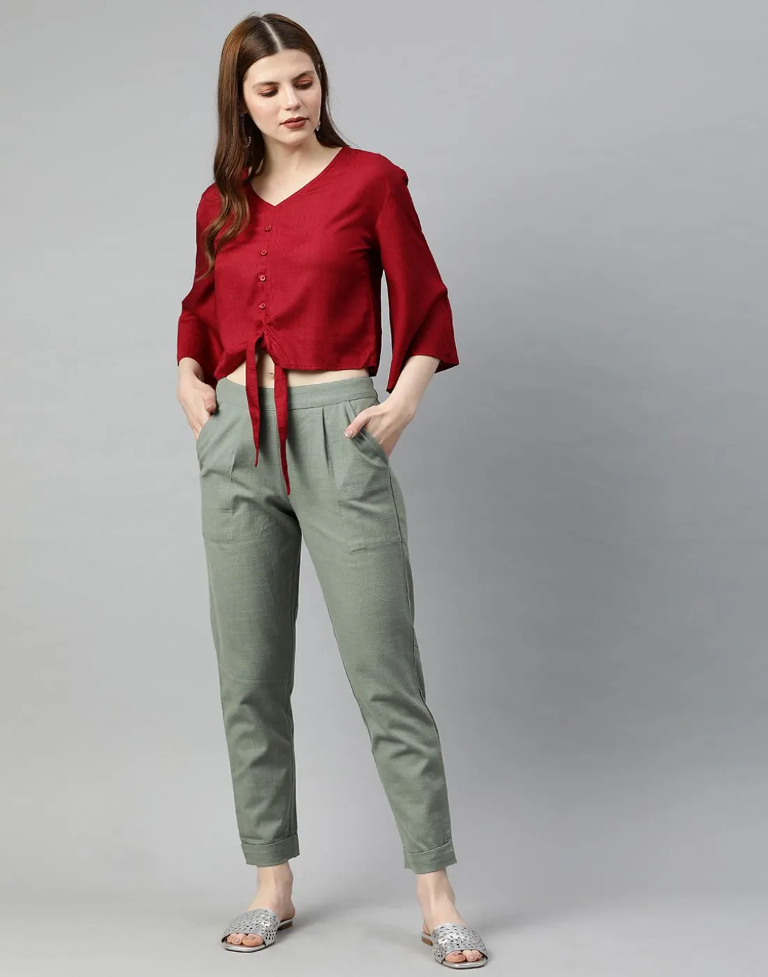 Sage Green Cotton Slub Bottom-Fold Straight Pants