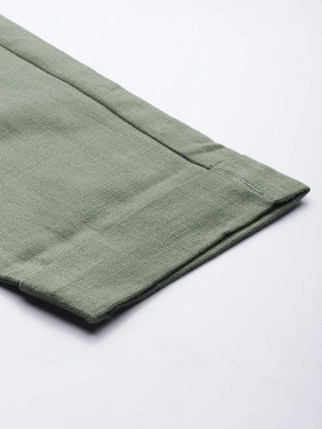 Sage Green Cotton Slub Bottom-Fold Straight Pants