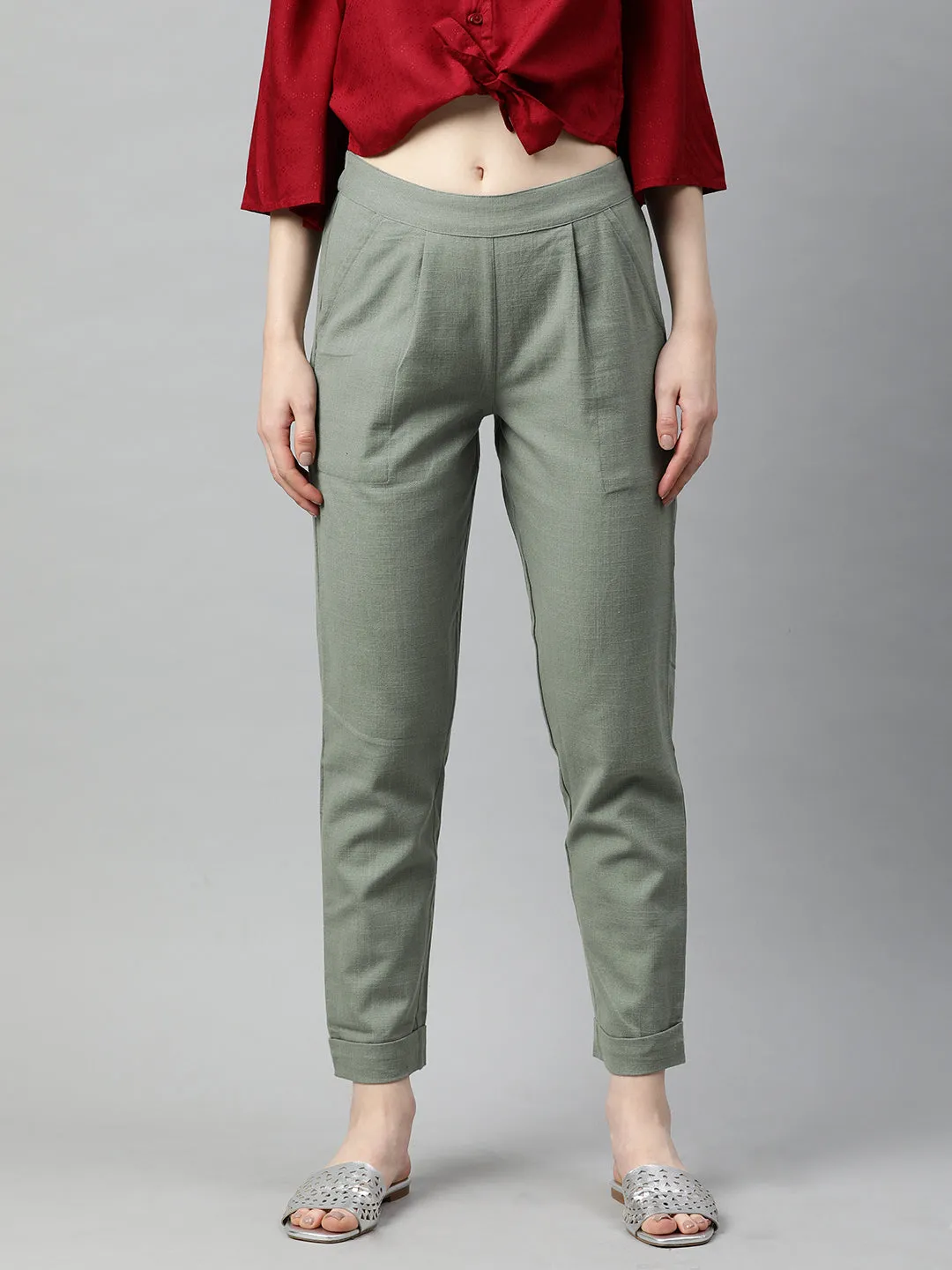 Sage Green Cotton Slub Bottom-Fold Straight Pants