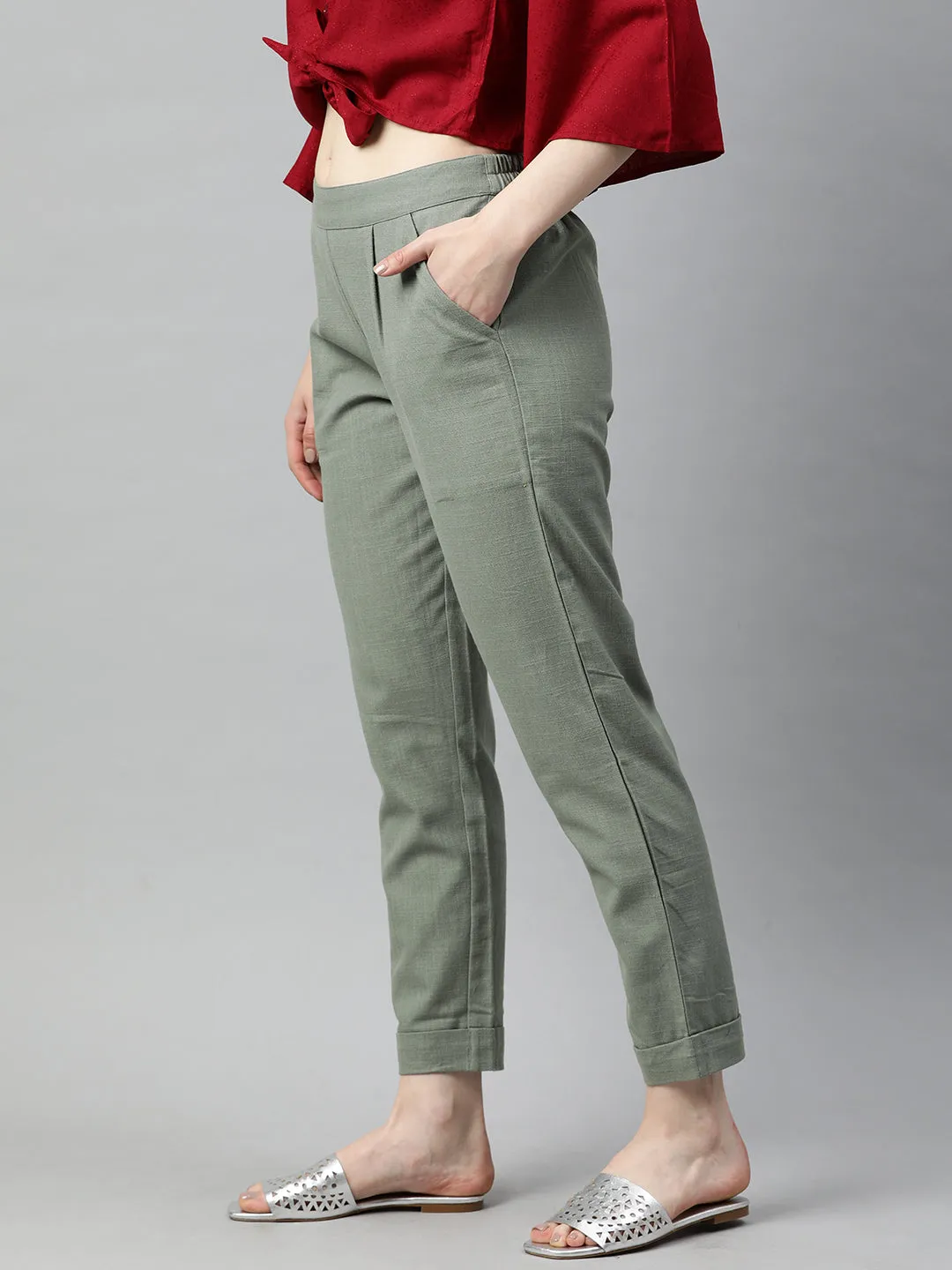 Sage Green Cotton Slub Bottom-Fold Straight Pants