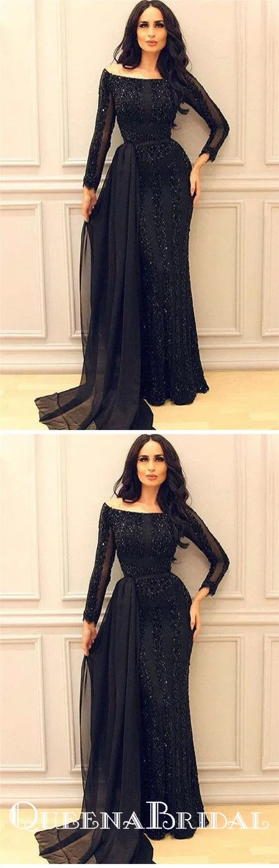 Sexy Black Long Sleeve 2019 Mermaid Sequins Long Cheap Prom Dresses, QB0798