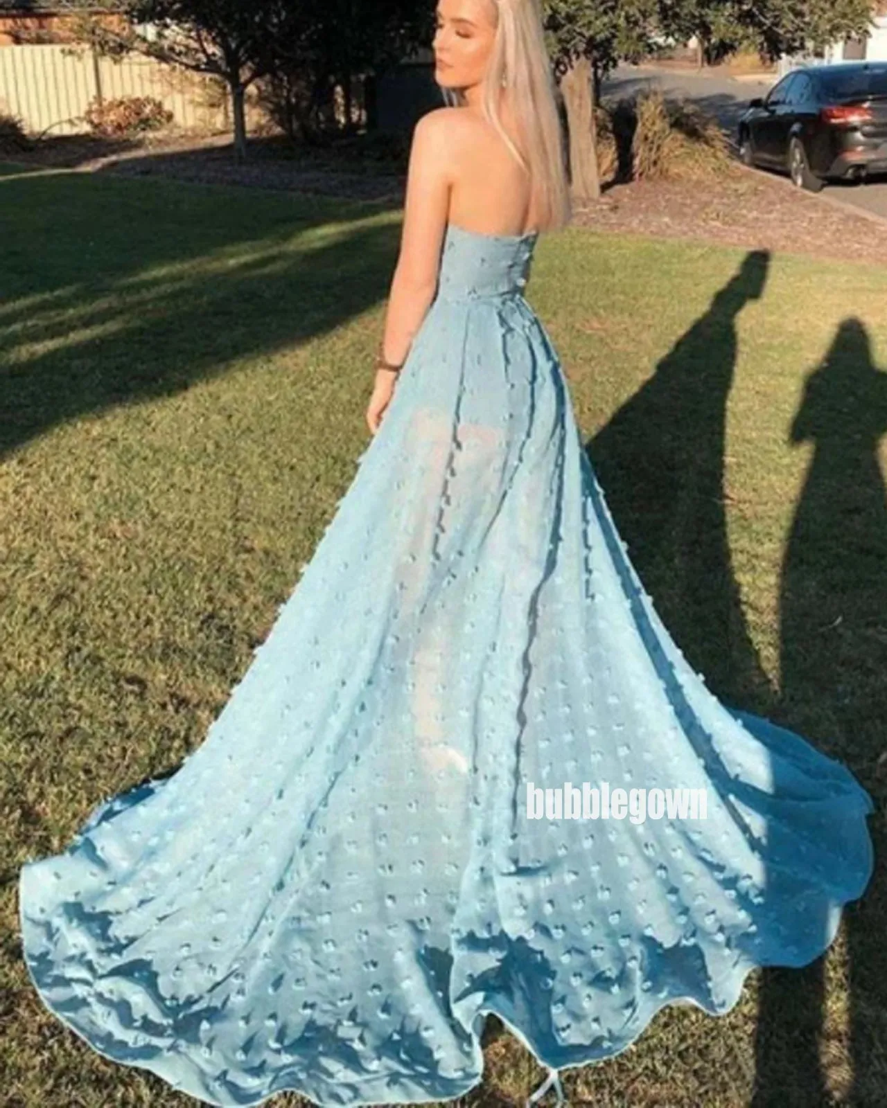 Sexy Blue Strapless Split Side Long Prom Dresses FP1190