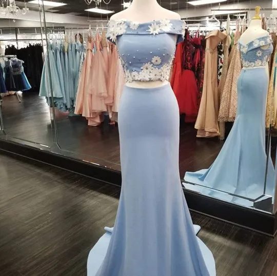 Sexy Off Shoulder Two Pieces Blue Long Cheap Evening Prom Dresses, QB0416