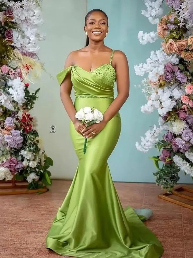 Sexy Unique Green Spaghetti Straps Mermaid Long Bridesmaid Dresses , BDS0164