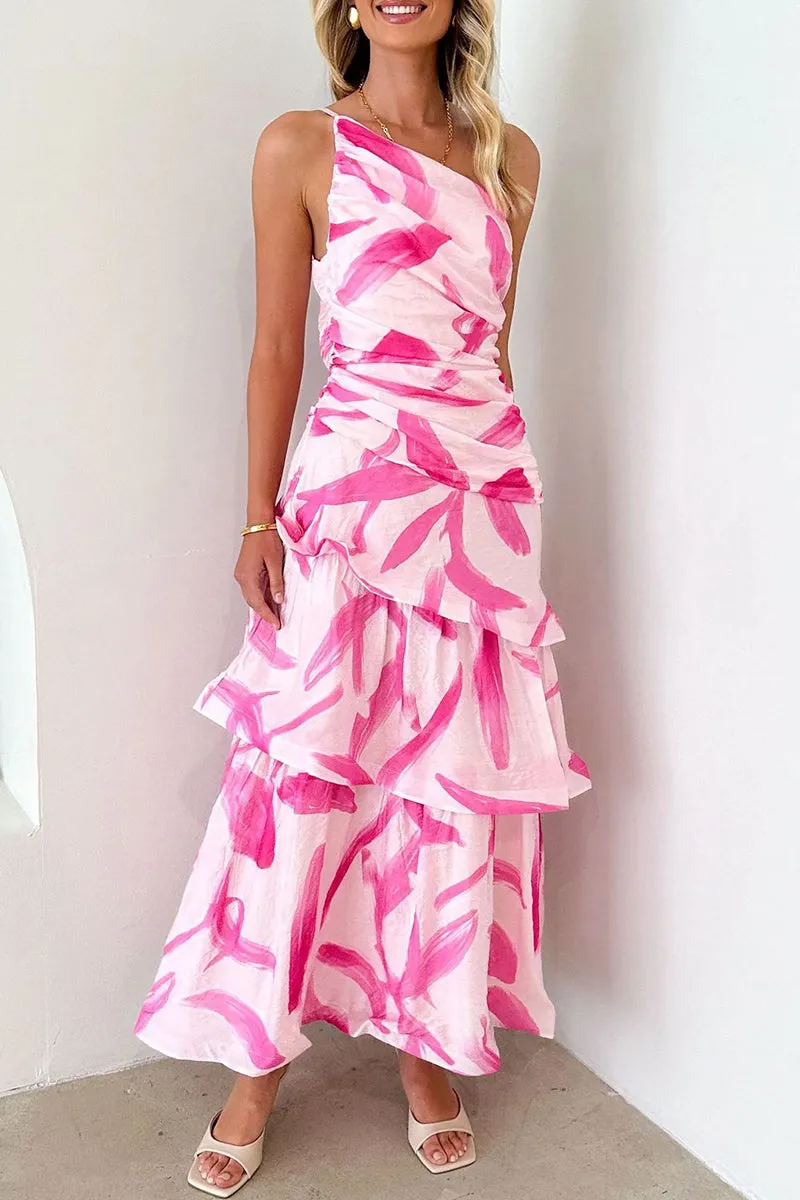 Sexy Vacation Floral Print Backless Ruffle Sloping Shoulder Irregular Dresses(4 Colors)