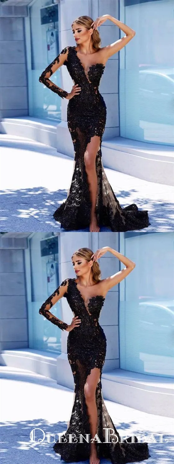 Sheath One Shoulder Long Cheap Long Sleeve Tulle Prom Dresses, QB0697
