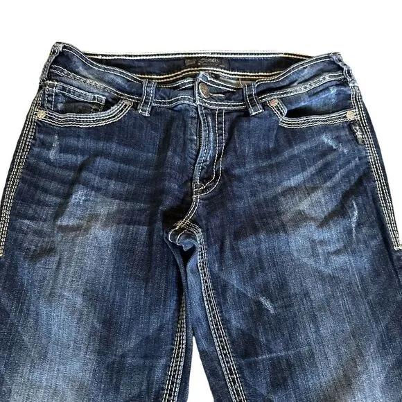 Silver Dark Wash Boot Flare Suki Surplus Flap Pocket Denim Relaxed Stretch Jeans