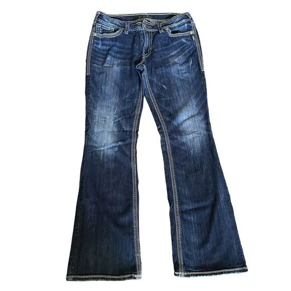 Silver Dark Wash Boot Flare Suki Surplus Flap Pocket Denim Relaxed Stretch Jeans