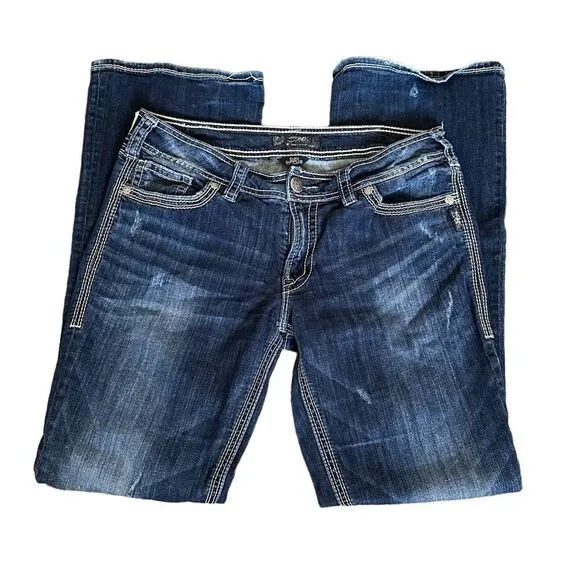 Silver Dark Wash Boot Flare Suki Surplus Flap Pocket Denim Relaxed Stretch Jeans