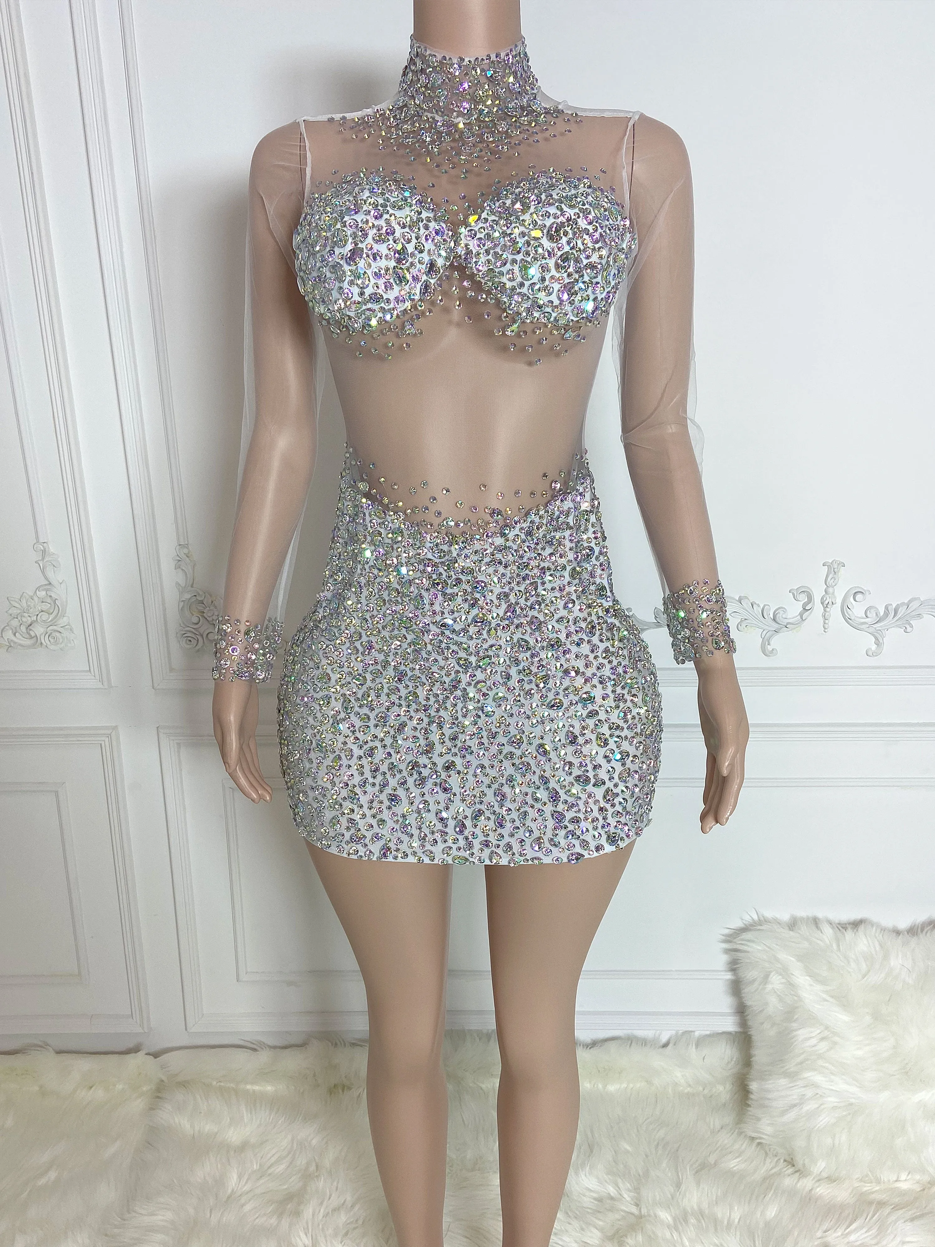 Silver See Through and Rhinestone Long Sleeve Mini Dress