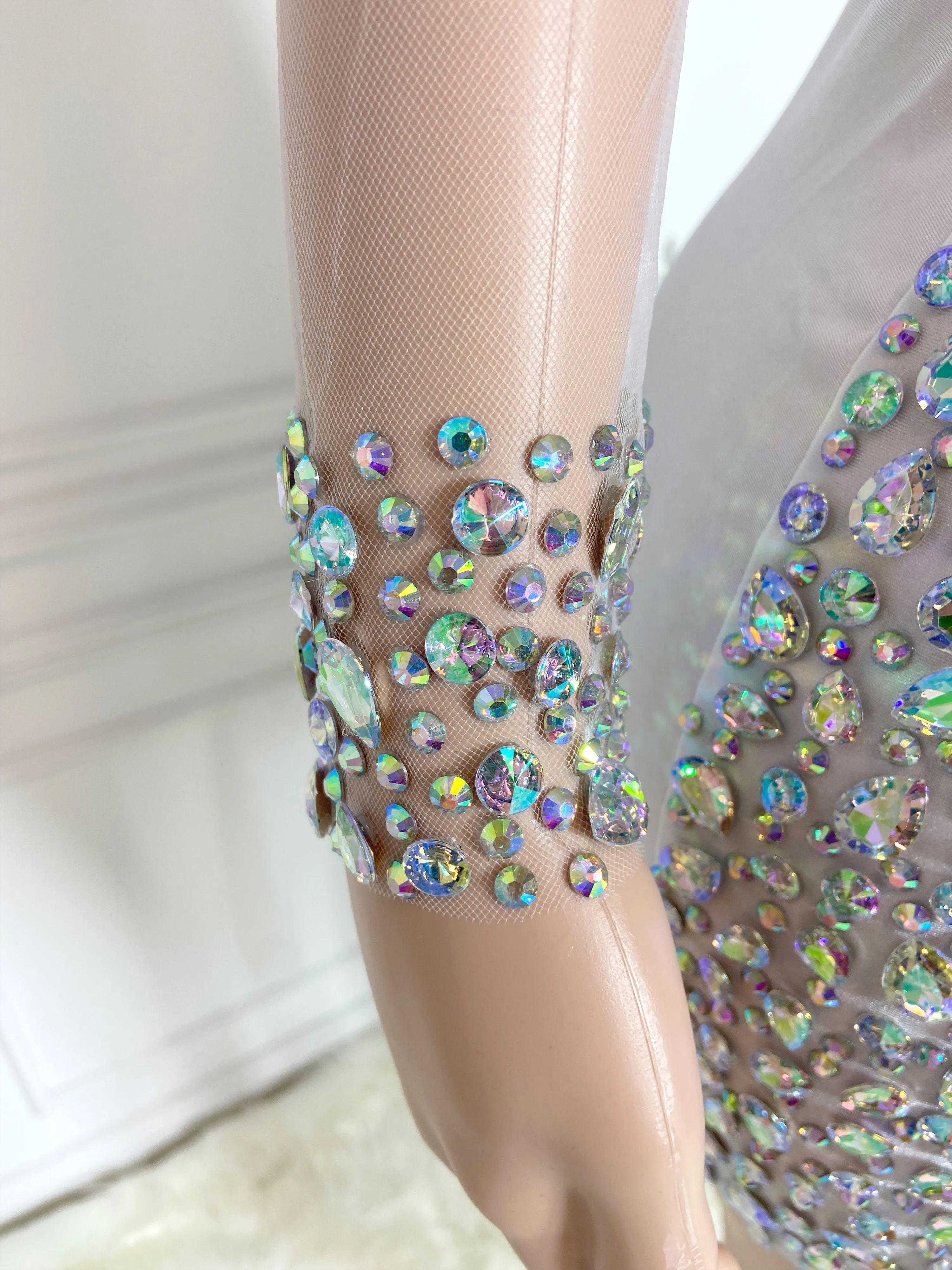 Silver See Through and Rhinestone Long Sleeve Mini Dress