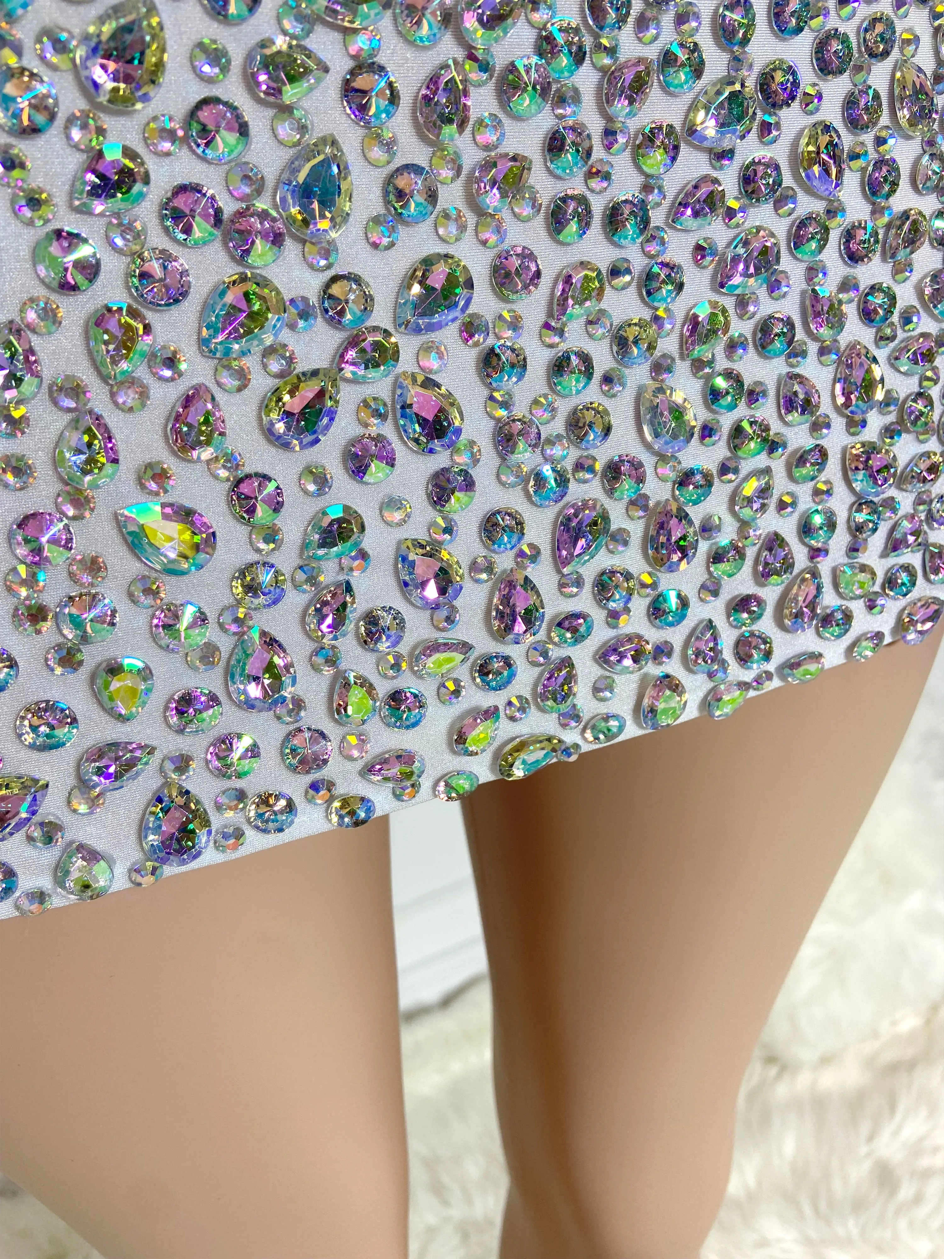 Silver See Through and Rhinestone Long Sleeve Mini Dress