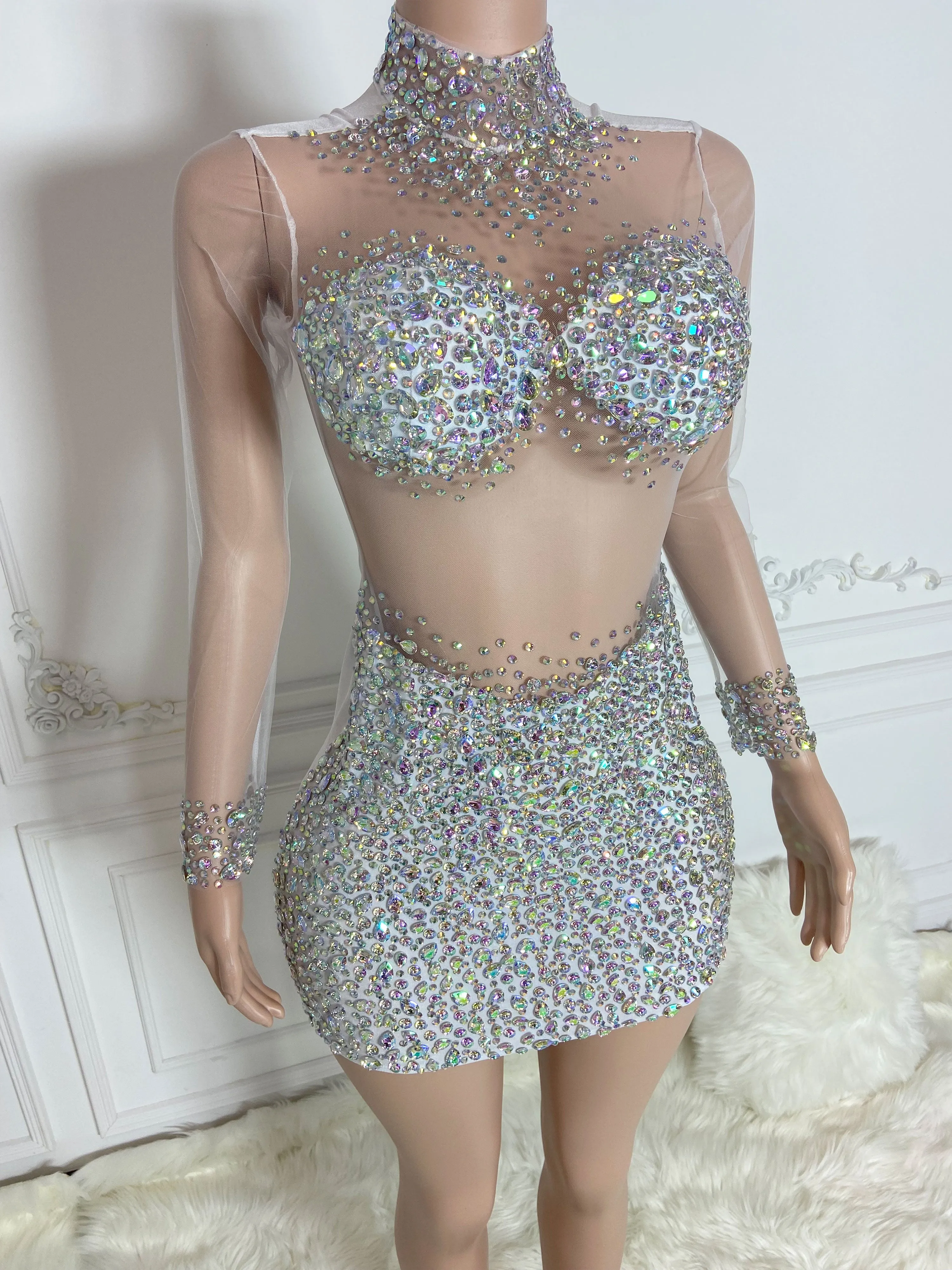 Silver See Through and Rhinestone Long Sleeve Mini Dress