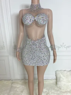 Silver See Through and Rhinestone Long Sleeve Mini Dress