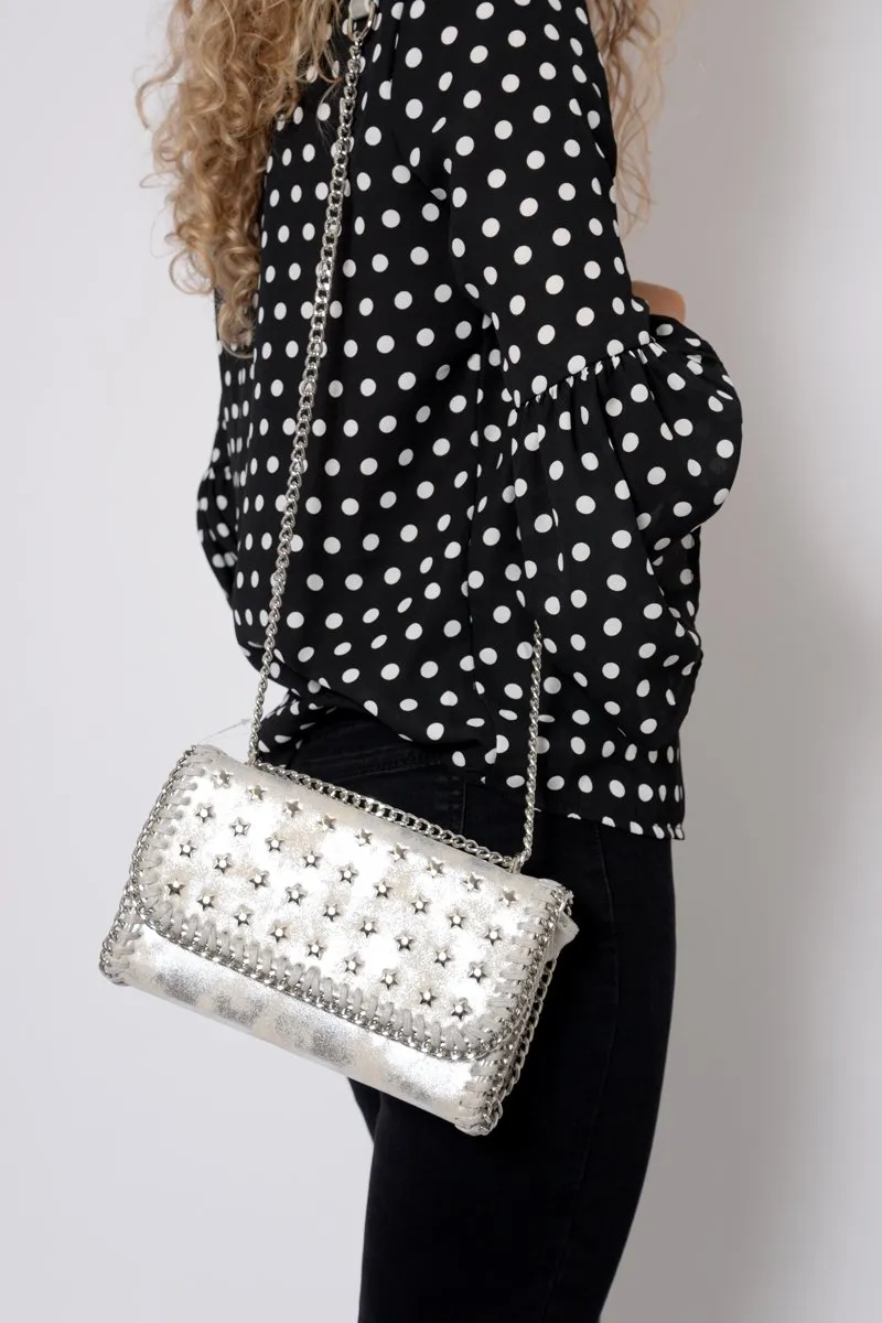 Silver Star Studded Metal Edge Clutch Bag -Teri
