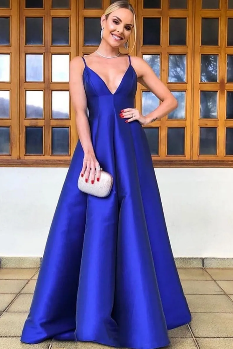 Simple v neck blue satin long prom dress, blue evening dress