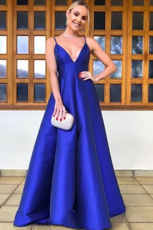 Simple v neck blue satin long prom dress, blue evening dress