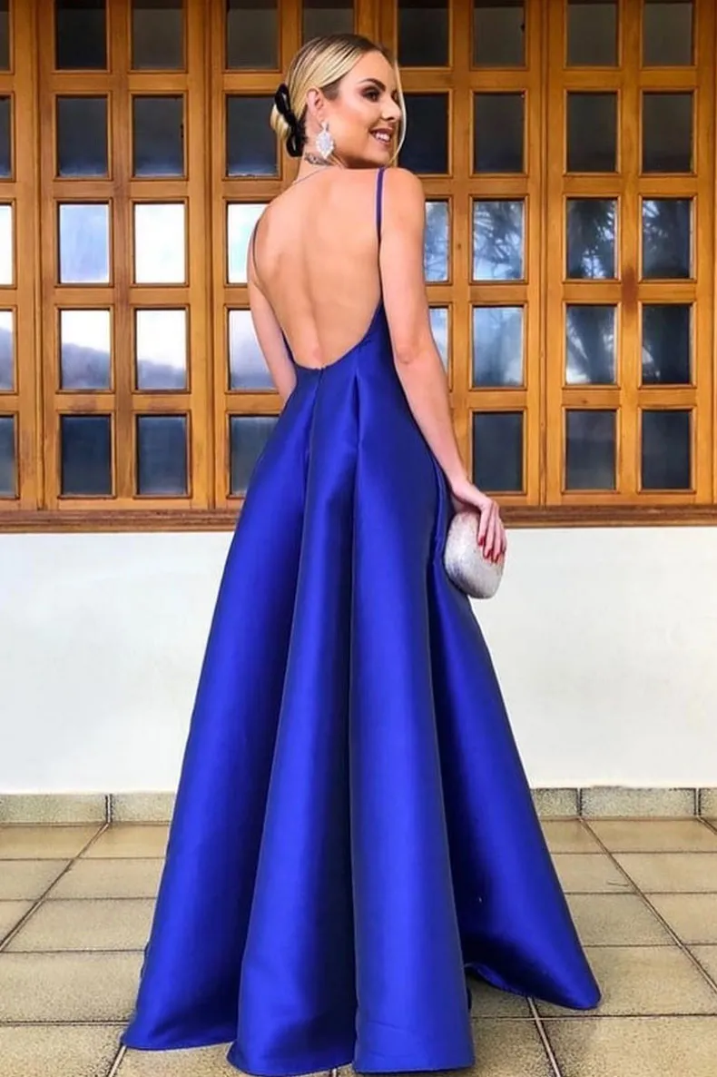 Simple v neck blue satin long prom dress, blue evening dress