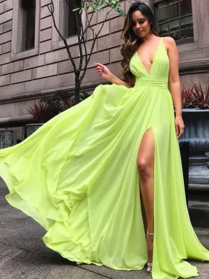 Simple V neck Chiffon Yellow Long Prom Dresses, Yellow Evening Dresses