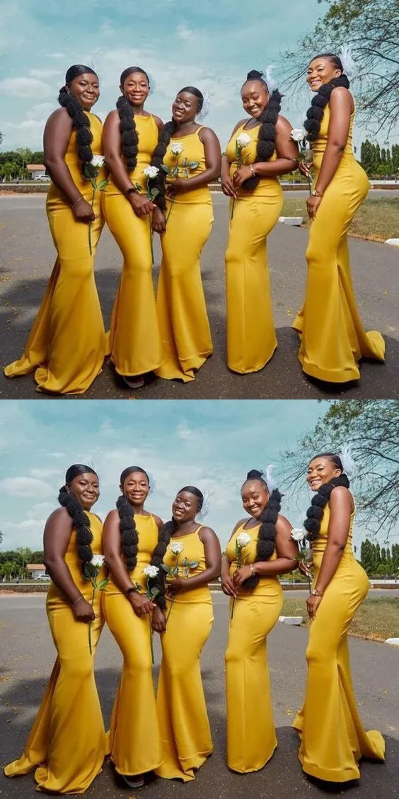 Simple Yellow Mermaid Spaghetti Straps Cheap Maxi Long Bridesmaid Dresses, BDS0136