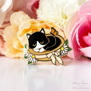 Sleepy Tuxedo Cat Cottagecore Enamel Pin