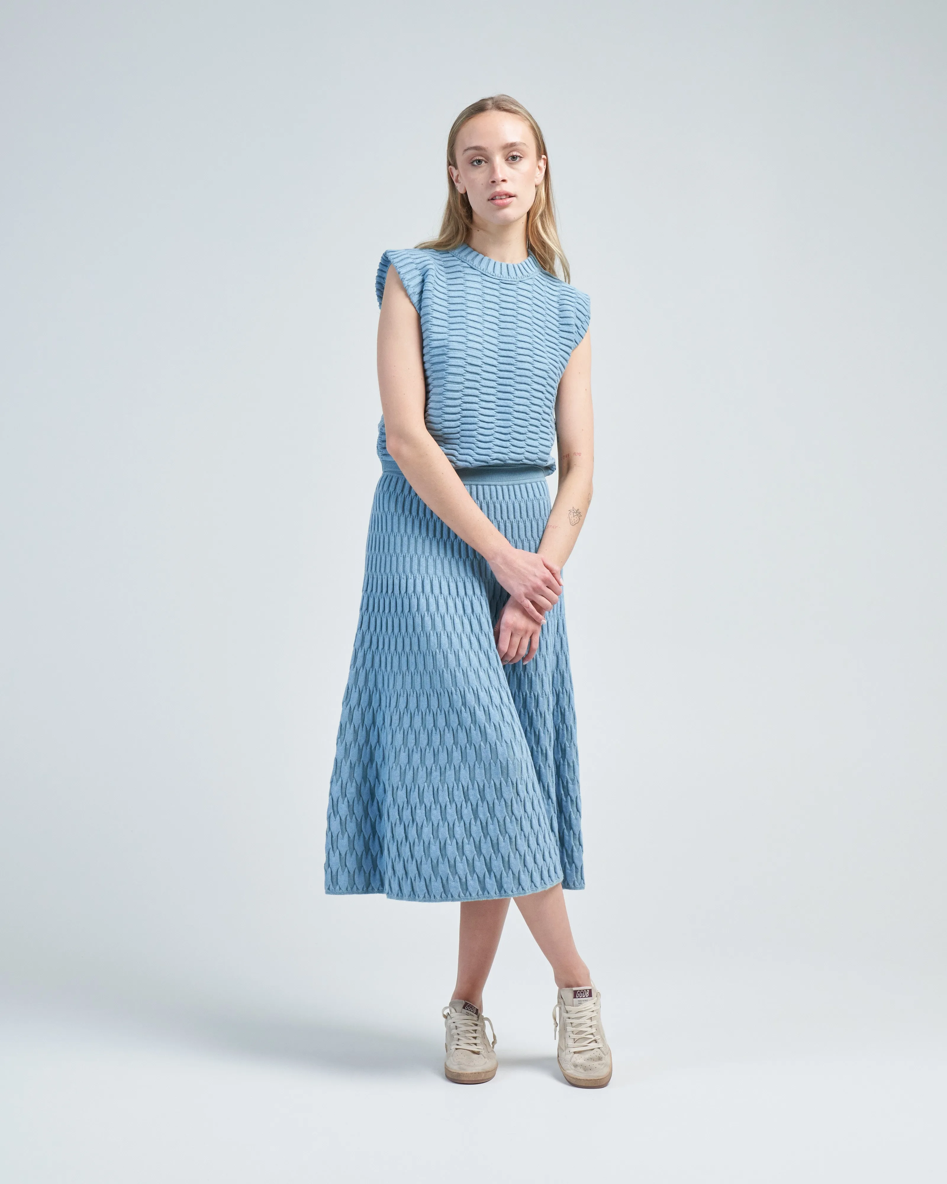 sleeveless structured top in zellige stitch