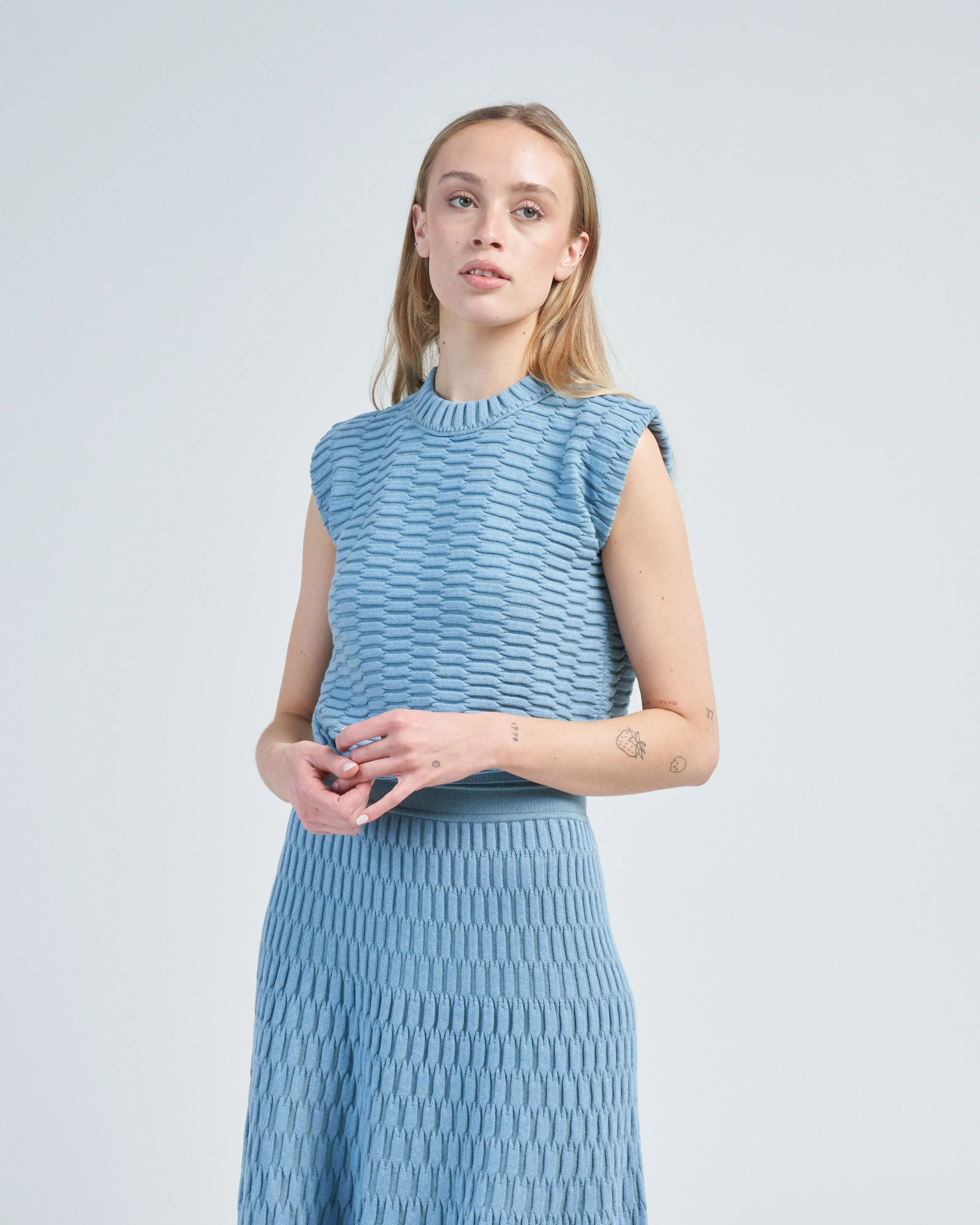 sleeveless structured top in zellige stitch