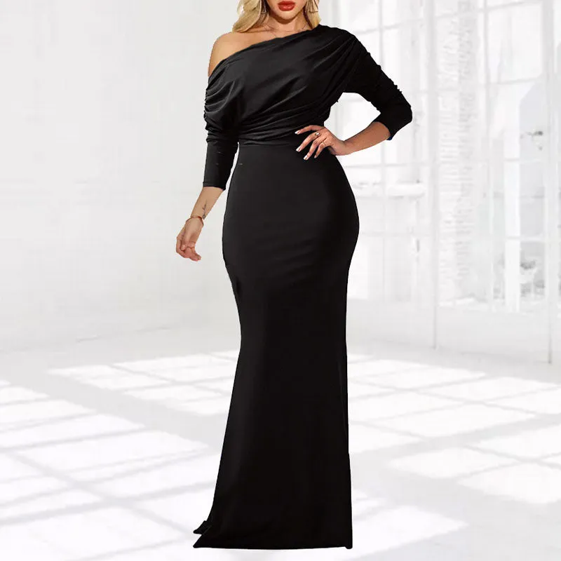 Solid One Shoulder Long Sleeve Maxi Dress