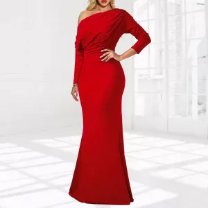 Solid One Shoulder Long Sleeve Maxi Dress