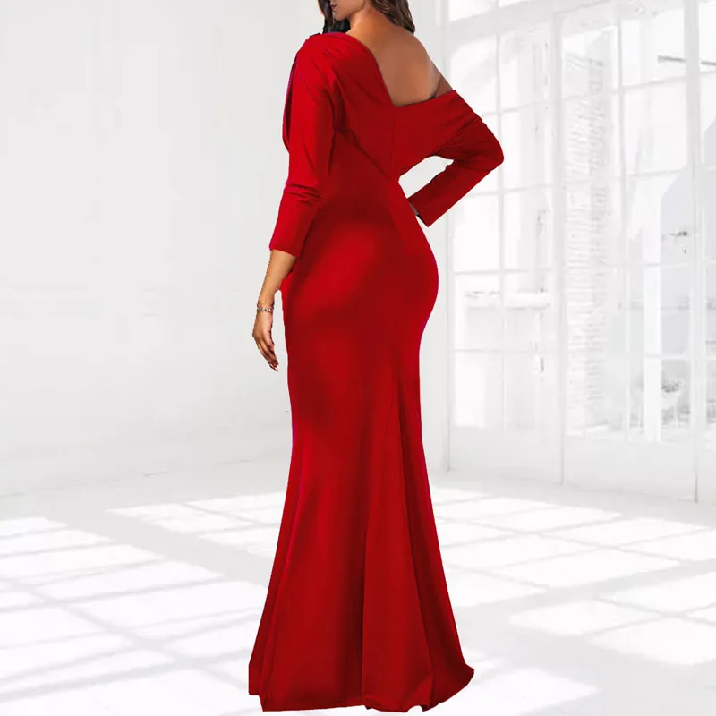 Solid One Shoulder Long Sleeve Maxi Dress