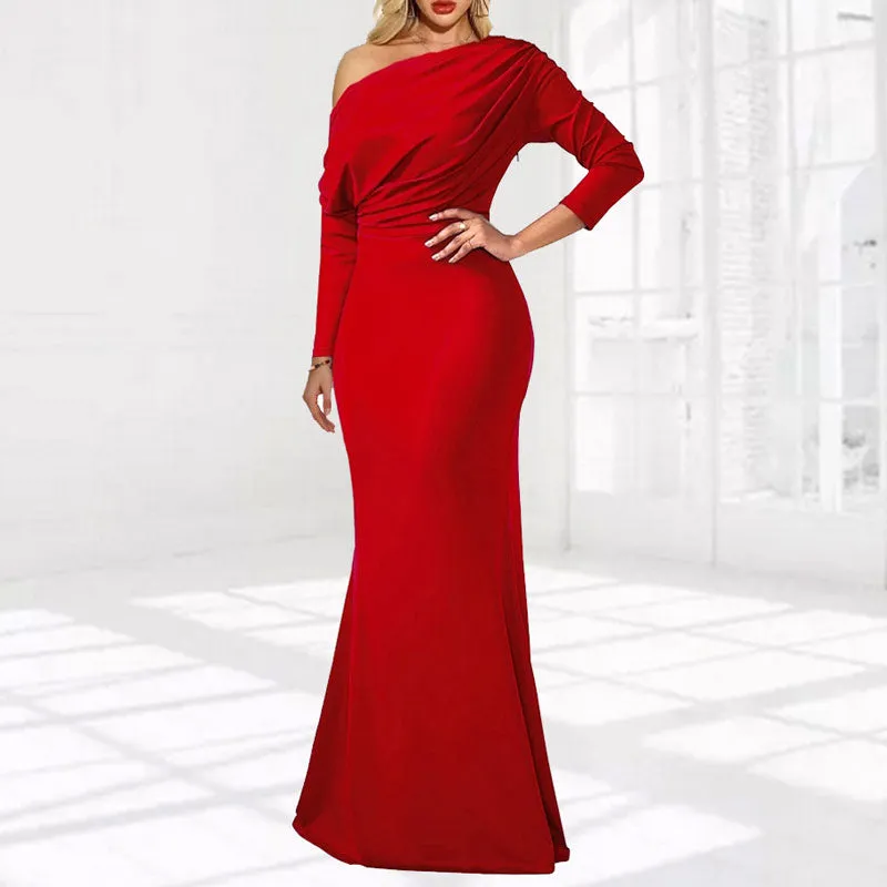 Solid One Shoulder Long Sleeve Maxi Dress