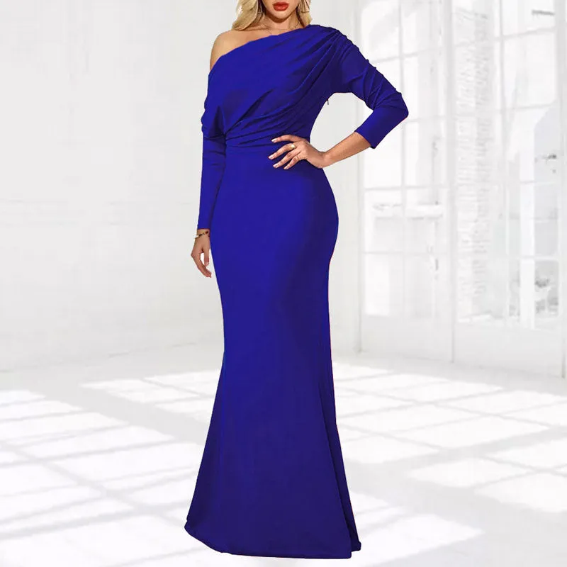 Solid One Shoulder Long Sleeve Maxi Dress
