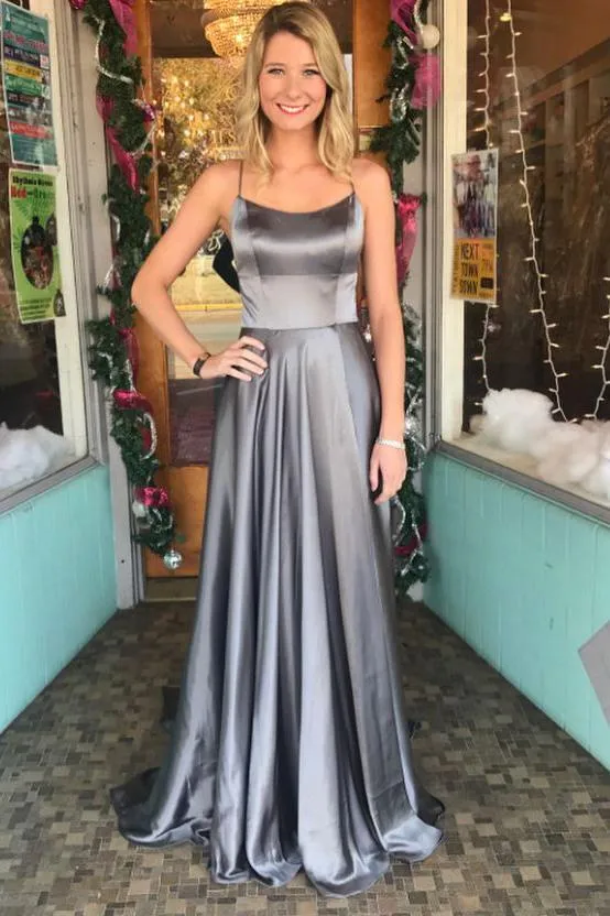 Spaghetti Straps Backless Silver Custom Long Evening Prom Dresses, QB0456