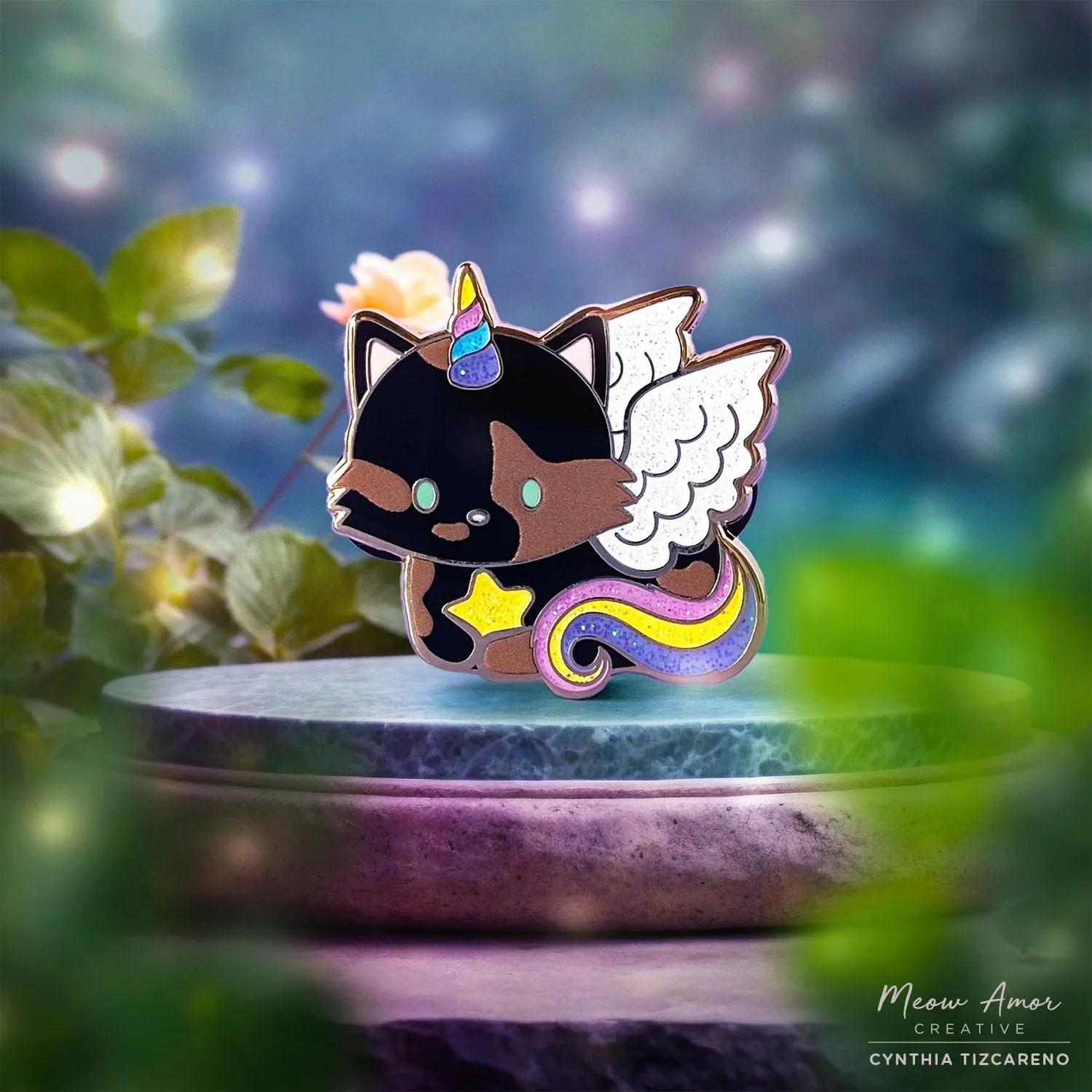 Star Pegasus Tortie Cat Glitter Enamel Pin