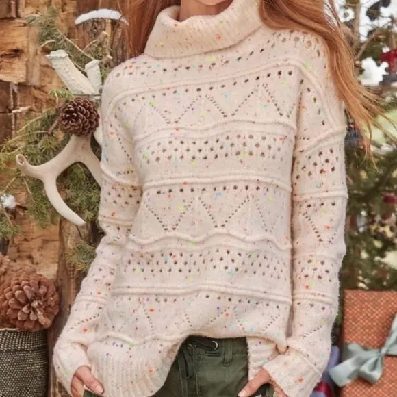 Sundance Linton Confetti Drop Shoulder Cowl Neck Sweater Open Knit Oversized