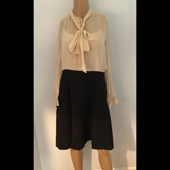 SZ12 DKNY  Silk Tie Neck Color Block Dress (Ivory/Black)