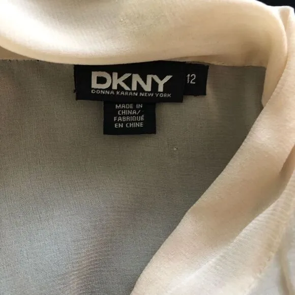 SZ12 DKNY  Silk Tie Neck Color Block Dress (Ivory/Black)