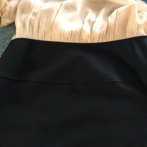 SZ12 DKNY  Silk Tie Neck Color Block Dress (Ivory/Black)