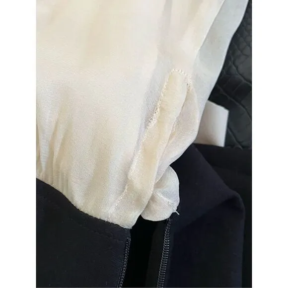 SZ12 DKNY  Silk Tie Neck Color Block Dress (Ivory/Black)