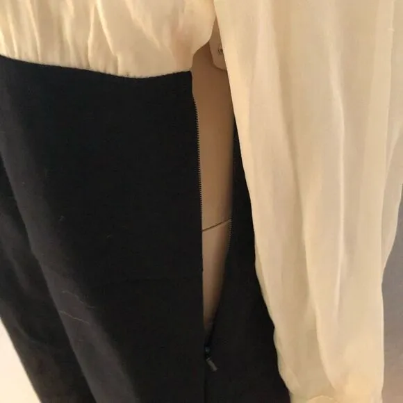 SZ12 DKNY  Silk Tie Neck Color Block Dress (Ivory/Black)