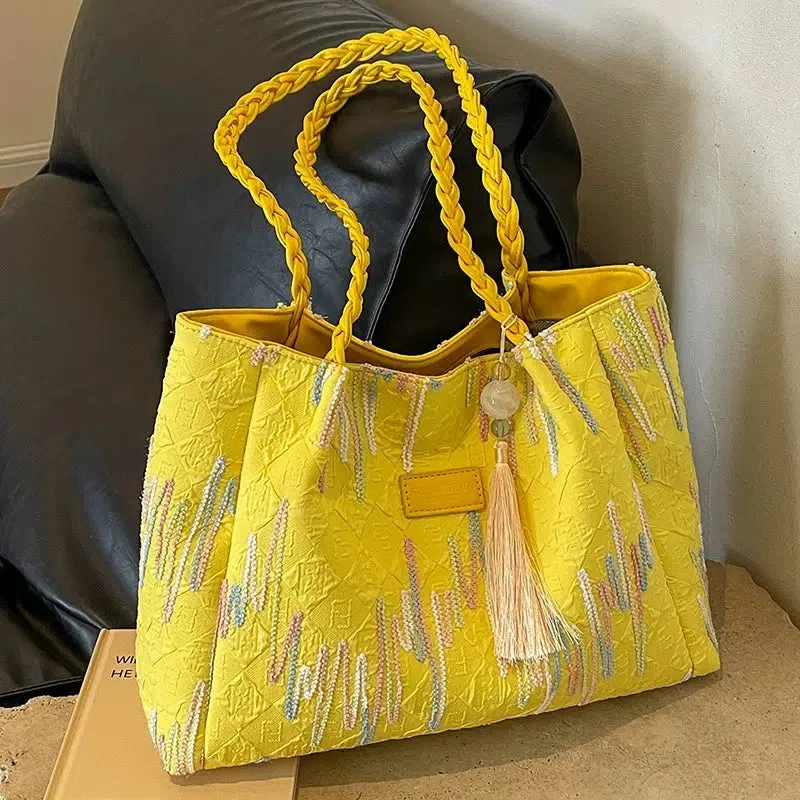 Tassel Embroidered Shoulder Tote Bag