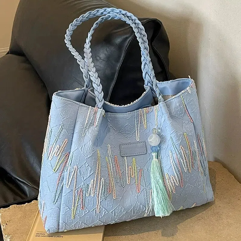Tassel Embroidered Shoulder Tote Bag