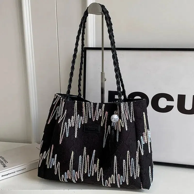 Tassel Embroidered Shoulder Tote Bag