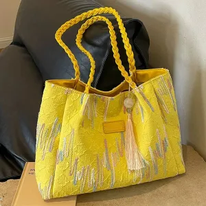 Tassel Embroidered Shoulder Tote Bag