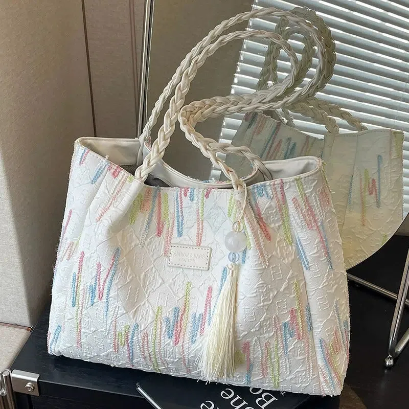Tassel Embroidered Shoulder Tote Bag